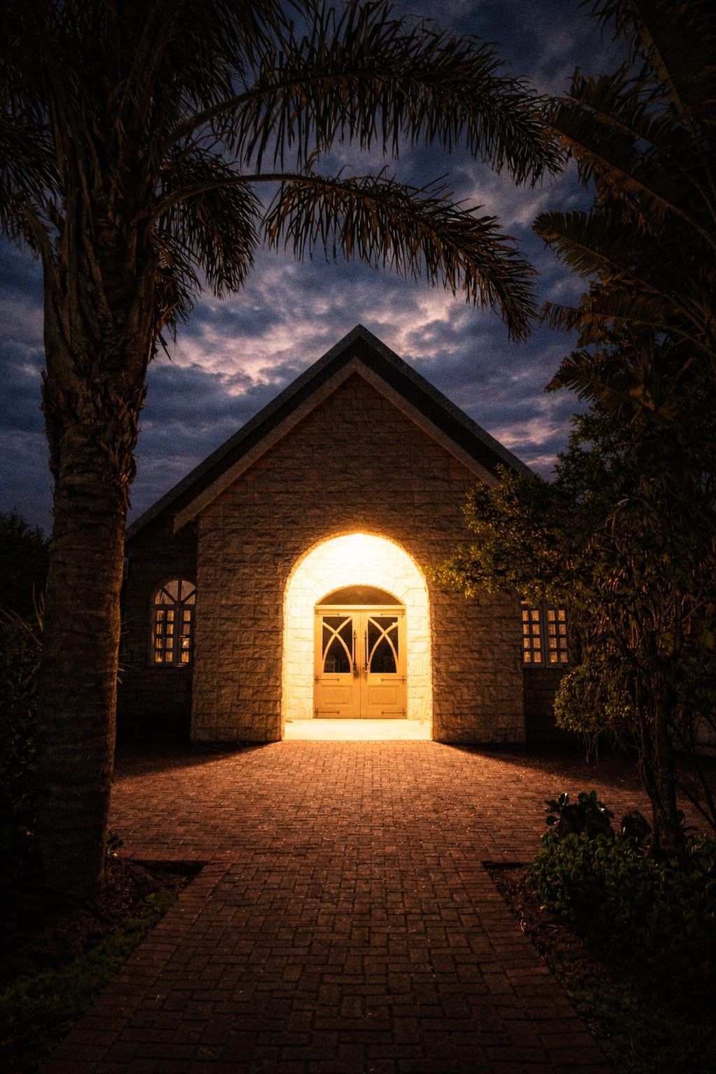 The Indoor Chapel's arched doorway glowing at dusk between palm trees