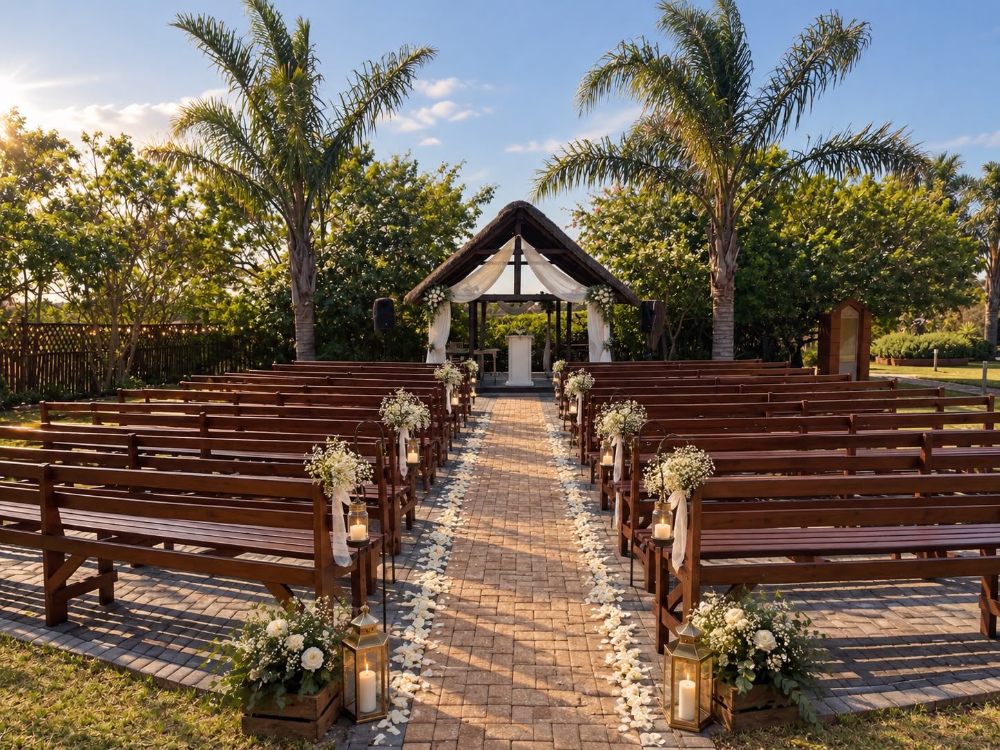 Wooden benches either side of a lantern-lined aisle leading to the thatched Open-air Chapel