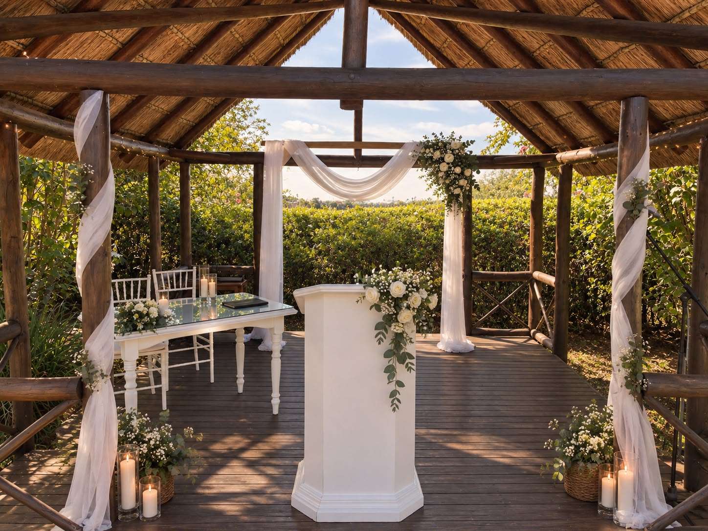 Inside the thatched Open-air Chapel, set with flowers, candles and the register table