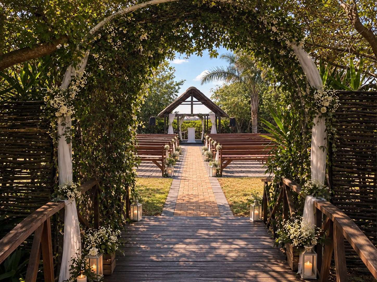 A flowered arch opening onto the aisle of the Open-air Chapel