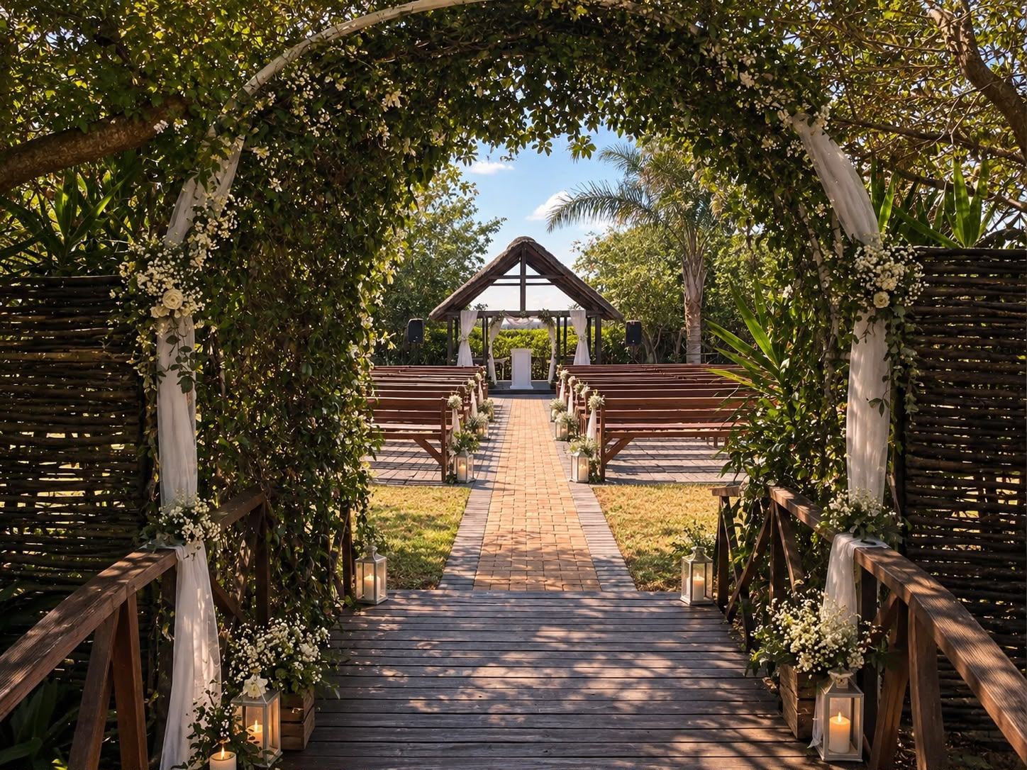 A flowered garden arch opening onto the aisle of the Open-air Chapel